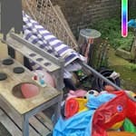 Garden Toys + Umbrella x1 umbrella x1 mud kitchen x2 old paddling pools x1 bin x1 chair frame / some children’s toys / some plant pots / x1 small empty sandpit frame / x1 small wooden board/ broken cane trellace / N8