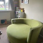 Sofa/chair Cuddle chair but pretty big. More of a sofa. It has stains on but I am sure they could be removed. Built in music speaker doesn’t work. TN15