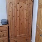 pine furniture One double door pine wardrobe with 2 draws 76"x54"x20" (hxwxd) 
One single door pine wardrobe with 1 draw
76"x35"x20" (hxwxd) 
Both have wear and tear
One double door pine tv/hifi unit with shelf each side. Pre drilled holes in back for cabling
28"x53"x20 (hxwxd) 
Some marking but good condition RH5