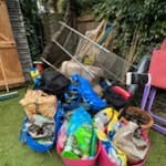 assorted garden shed contents garden shed contents wood, plastic and copper pipes metal shelving, plastic rugs SW13