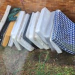 3 Double mattresses & 11 singl 3 Double mattresses and 11 single mattresses, mostly in garden outside. Also a light weight sofa & old electric metal heater. one single base G41