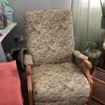 recliner chair a solid wood frame recliner with cover. fire safety label. wood be a great deal for someone wanting to upcycle a quality made recliner TN24