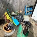 garden & shed waste, pallet one wooden pallet, 1 bag of garden waste (wood), old bits of garden games, 4-5 black bin bags of shed rubbish. plastic box and broken terracotta plant pots. 1 large reusable concrete plant pot (heavy). SW4